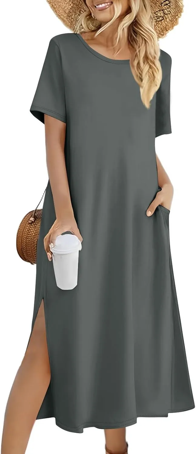 Dresses for Women 2025 Summer Beach Vacation Clothes Spring Short Sleeve Crewneck Slit Hem Maxi Dresses