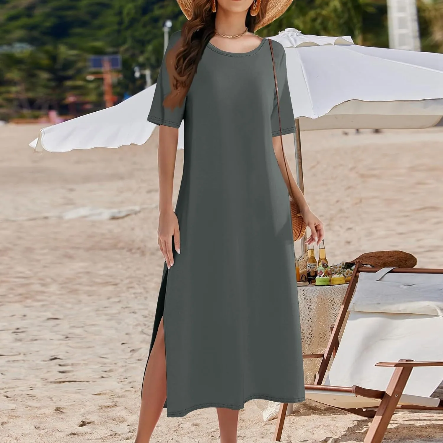 Dresses for Women 2025 Summer Beach Vacation Clothes Spring Short Sleeve Crewneck Slit Hem Maxi Dresses