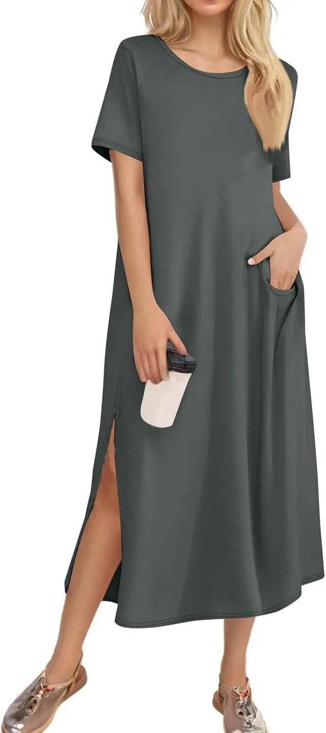 Dresses for Women 2025 Summer Beach Vacation Clothes Spring Short Sleeve Crewneck Slit Hem Maxi Dresses