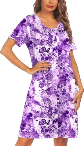Ekouaer House Dresses for Women Button Down Nightgowns Short Sleeve Pleated Snap Front Mumu Dress S-2XL