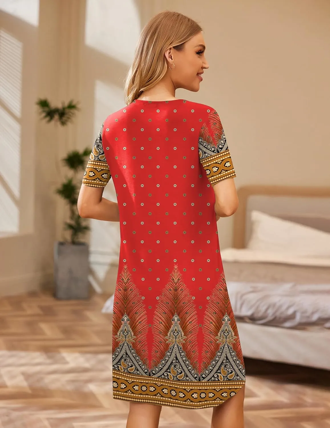 Ekouaer House Dresses for Women Button Down Nightgowns Short Sleeve Pleated Snap Front Mumu Dress S-2XL