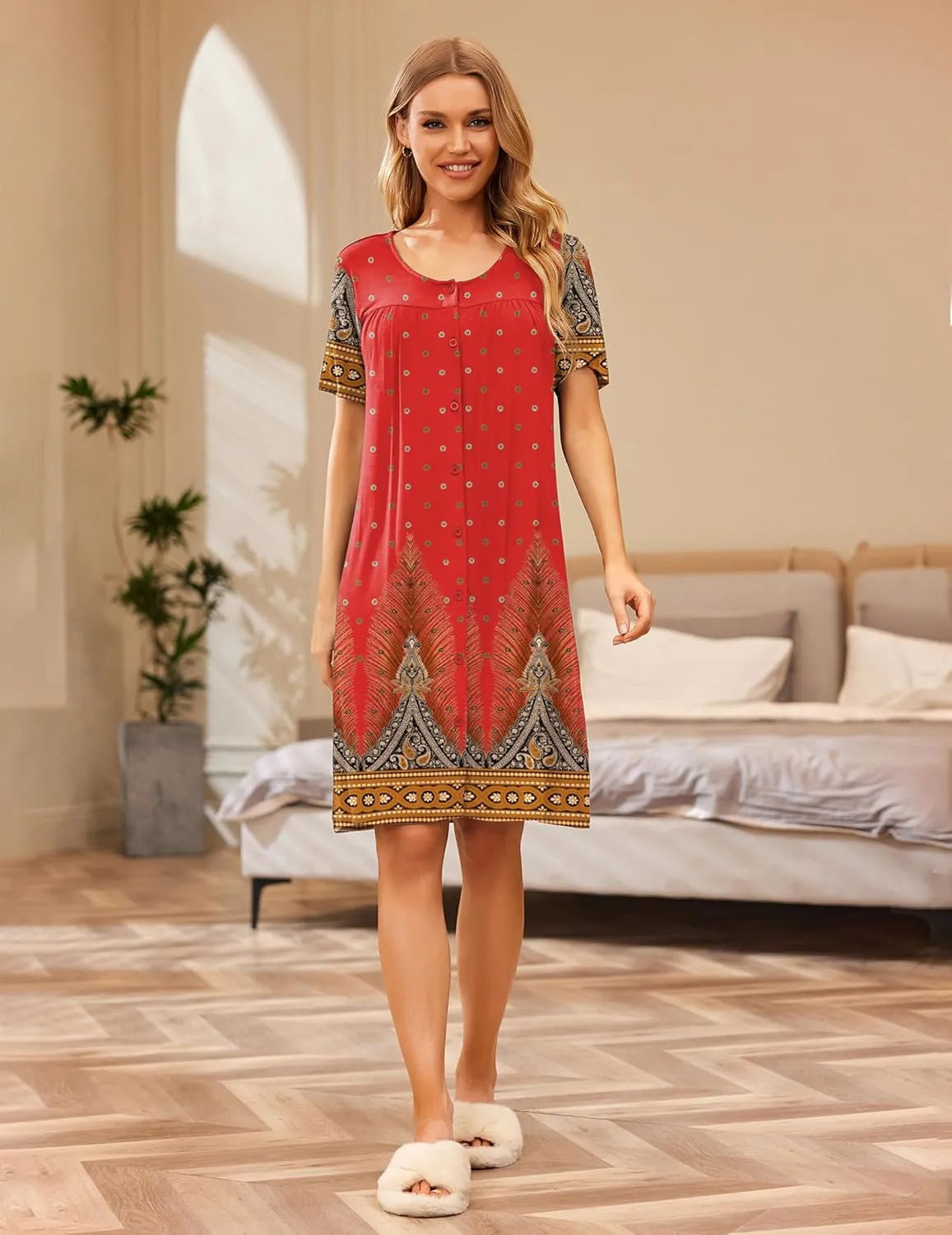 Ekouaer House Dresses for Women Button Down Nightgowns Short Sleeve Pleated Snap Front Mumu Dress S-2XL