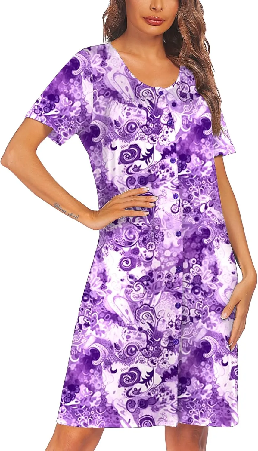 Ekouaer House Dresses for Women Button Down Nightgowns Short Sleeve Pleated Snap Front Mumu Dress S-2XL