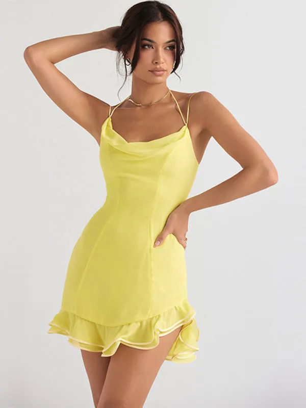 Elegant Cowl Neck Mini Dress with Ruffle Hem