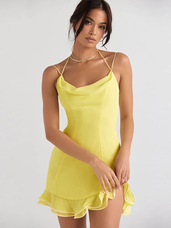 Elegant Cowl Neck Mini Dress with Ruffle Hem