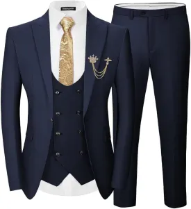 EMERAIDVLN Men's 3 Pieces Suit Slim Fit Elegant Wedding Prom Suits 1 Botton Blazer Double Breasted Vest and Pants Tuxedo Set