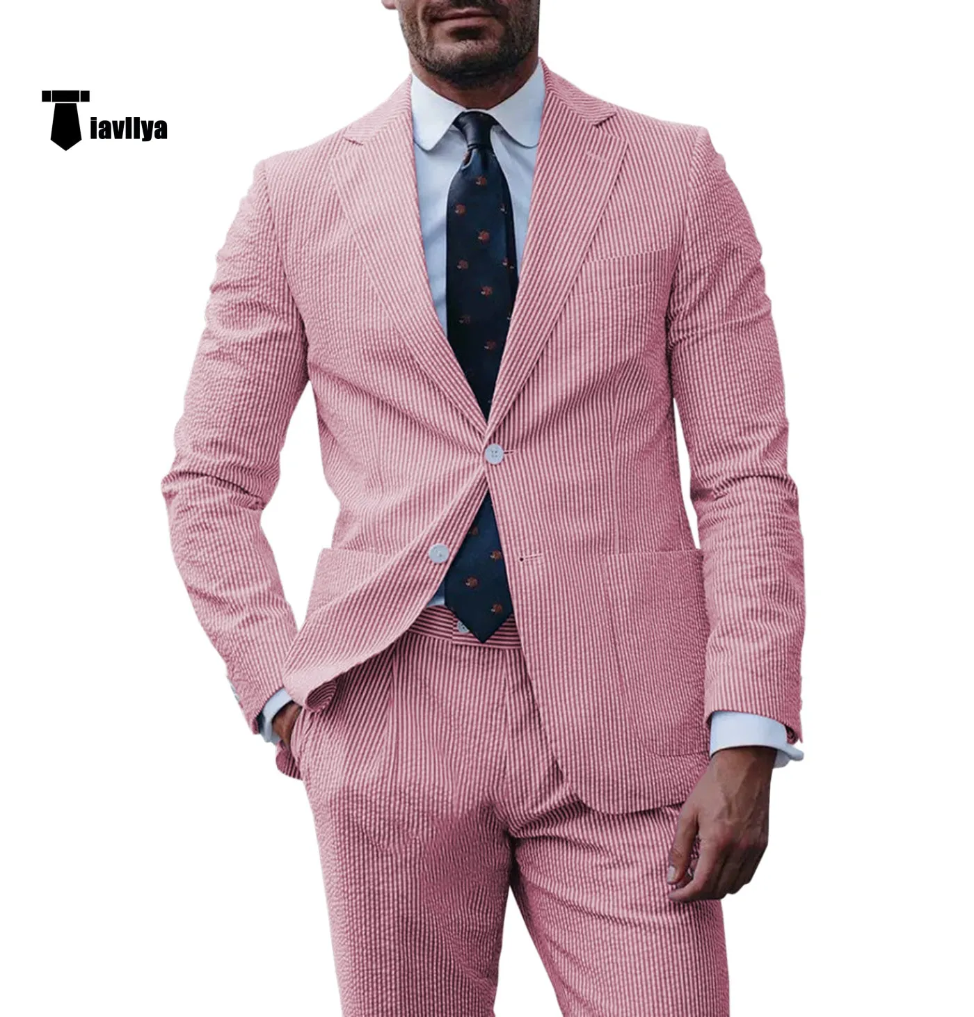 Fashion Men's 2 Pieces Striped Seersucker Notch Lapel Tuxedos (Blazer Pants)