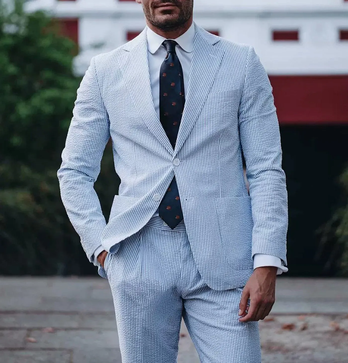 Fashion Men's 2 Pieces Striped Seersucker Notch Lapel Tuxedos (Blazer Pants)