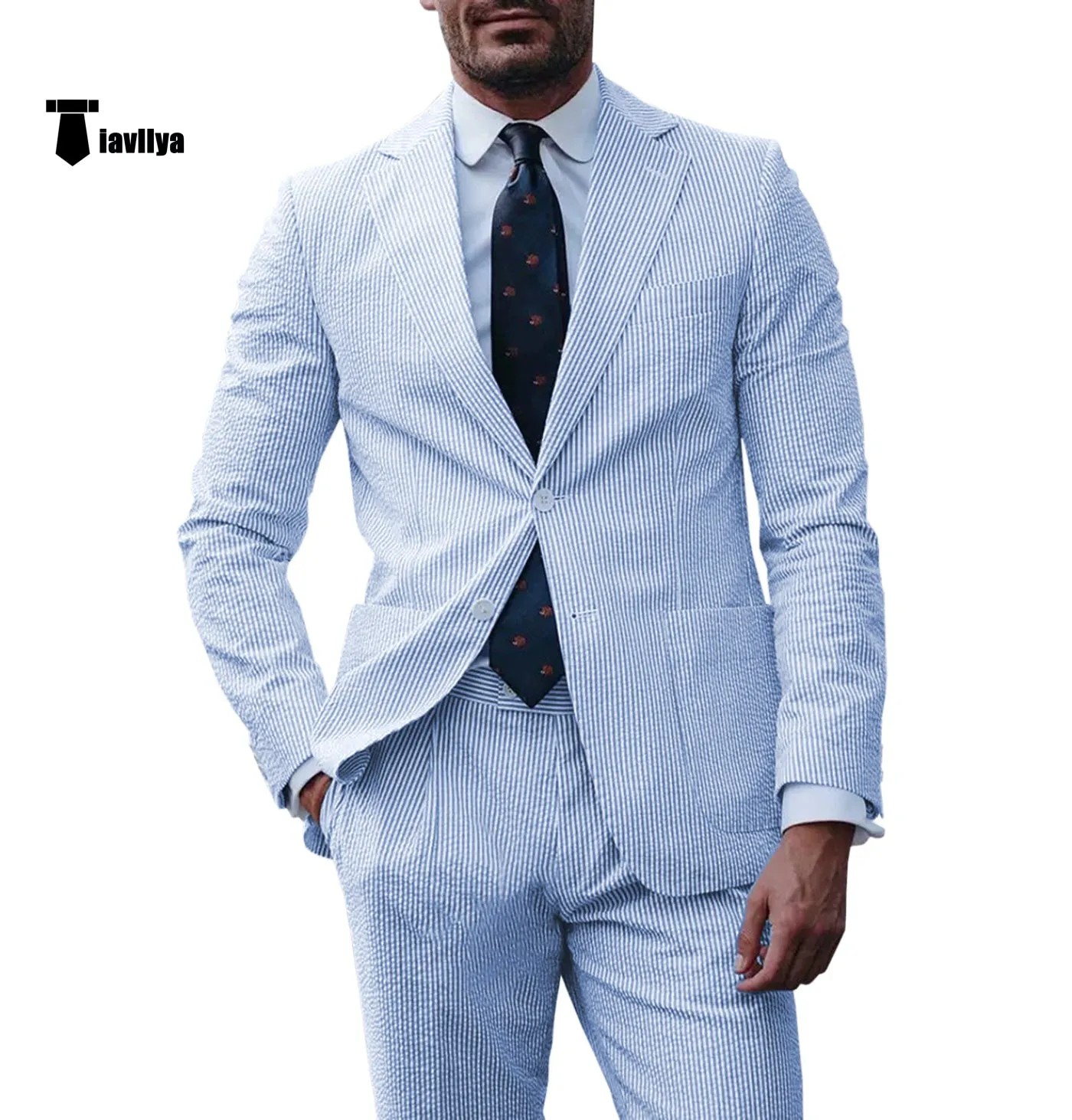 Fashion Men's 2 Pieces Striped Seersucker Notch Lapel Tuxedos (Blazer Pants)