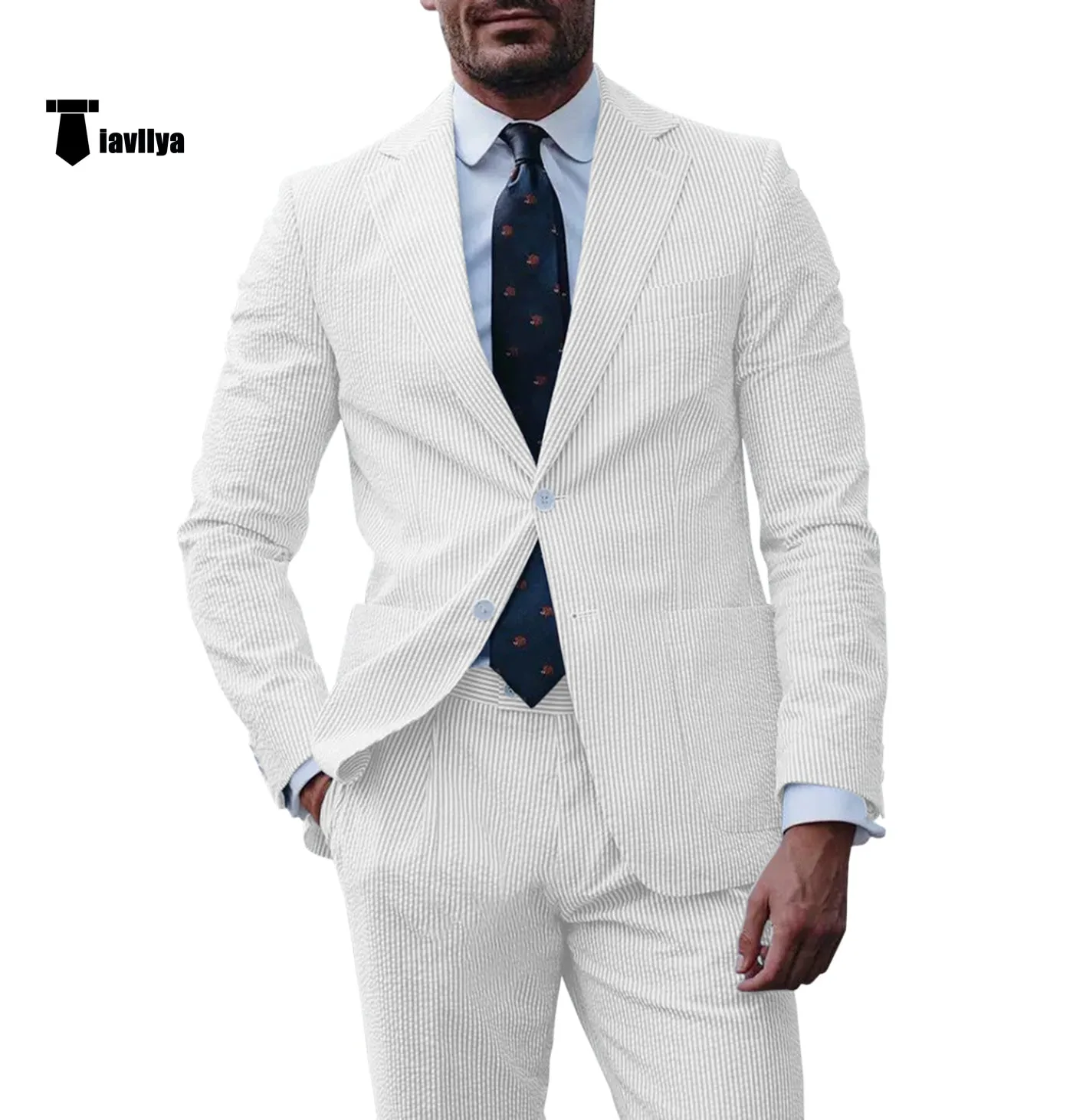 Fashion Men's 2 Pieces Striped Seersucker Notch Lapel Tuxedos (Blazer Pants)