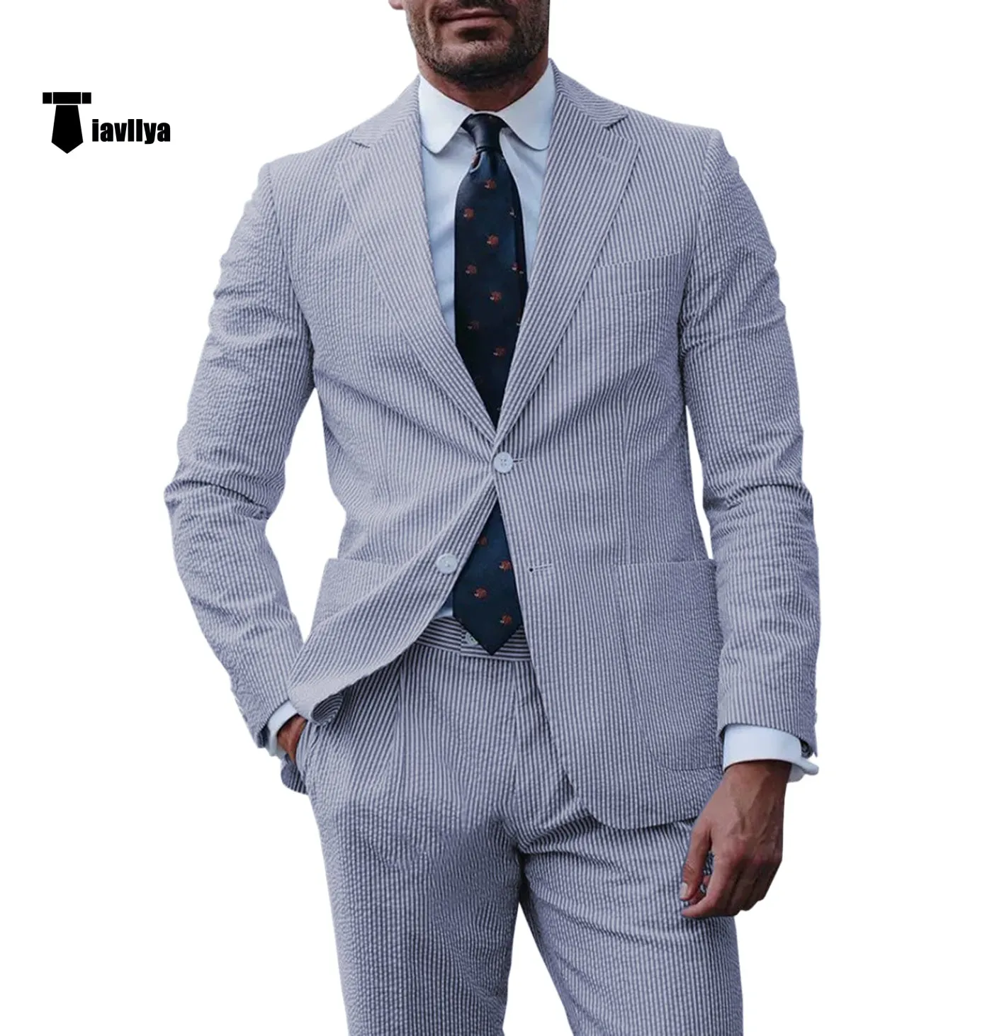 Fashion Men's 2 Pieces Striped Seersucker Notch Lapel Tuxedos (Blazer Pants)