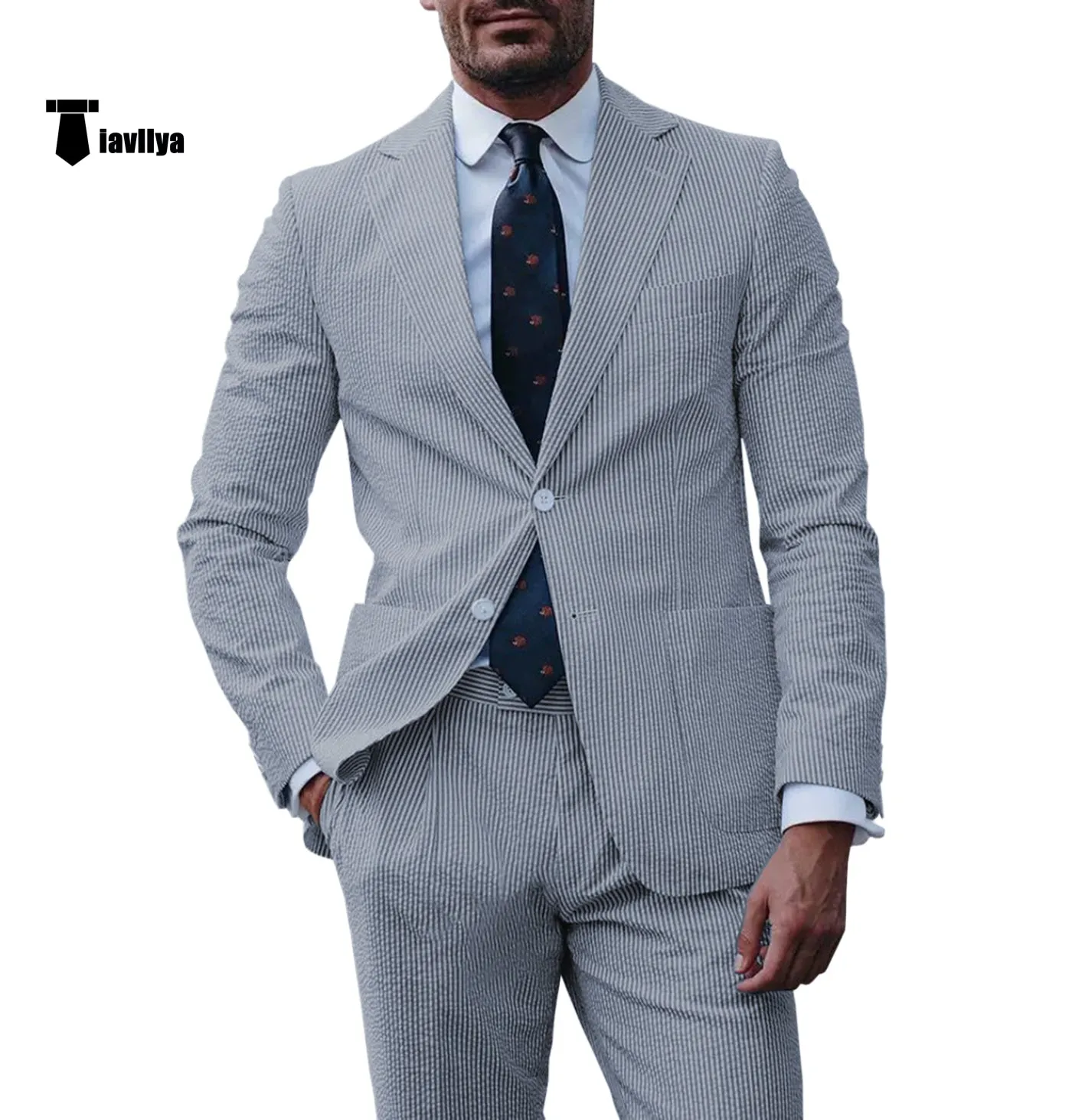 Fashion Men's 2 Pieces Striped Seersucker Notch Lapel Tuxedos (Blazer Pants)