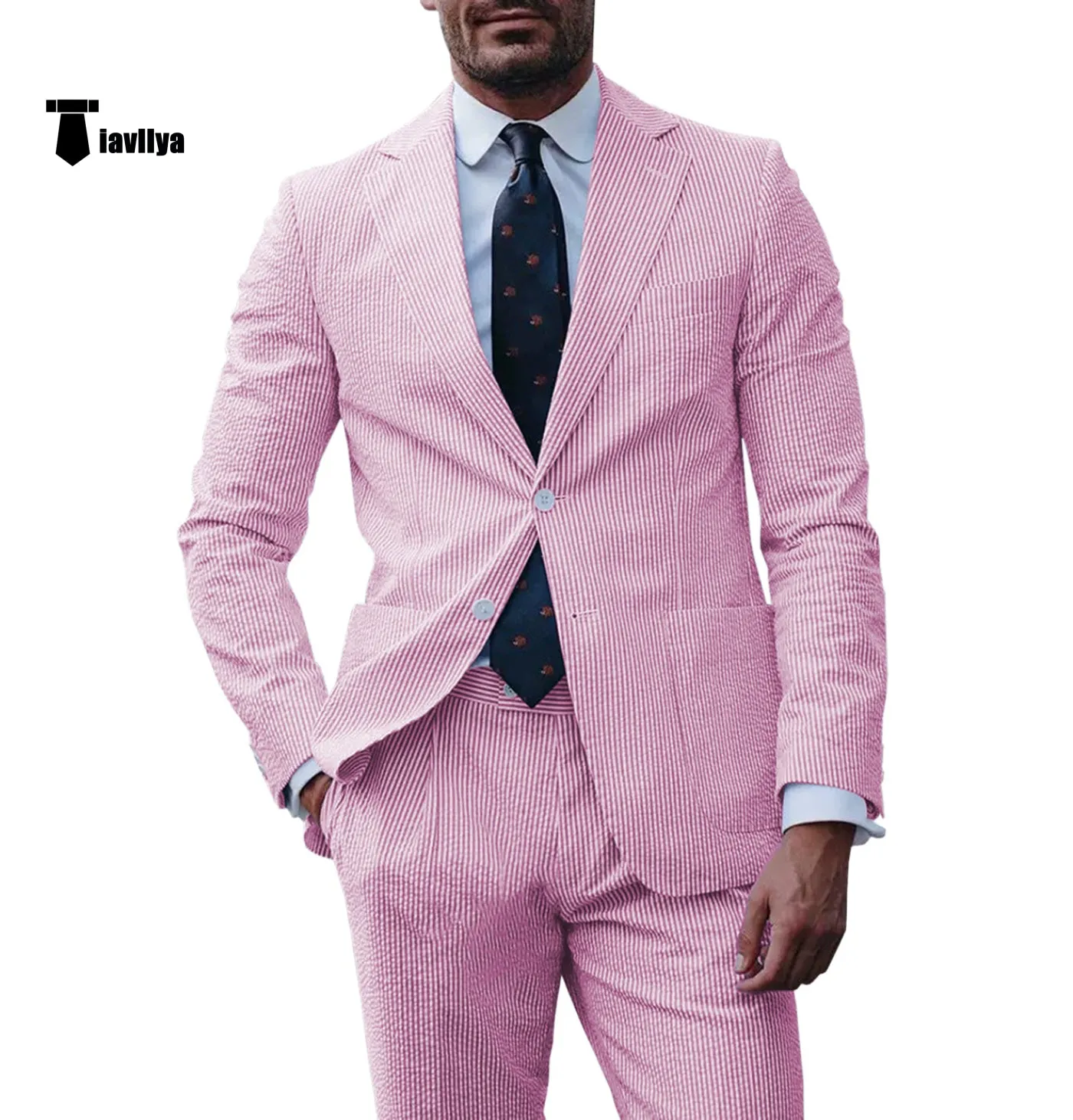 Fashion Men's 2 Pieces Striped Seersucker Notch Lapel Tuxedos (Blazer Pants)