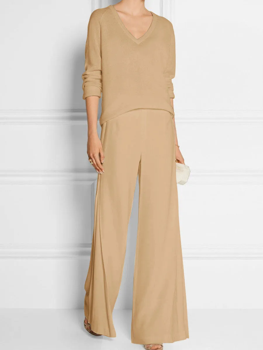 Fashion Simple Casual Loose V-Neck Top Pants Suit