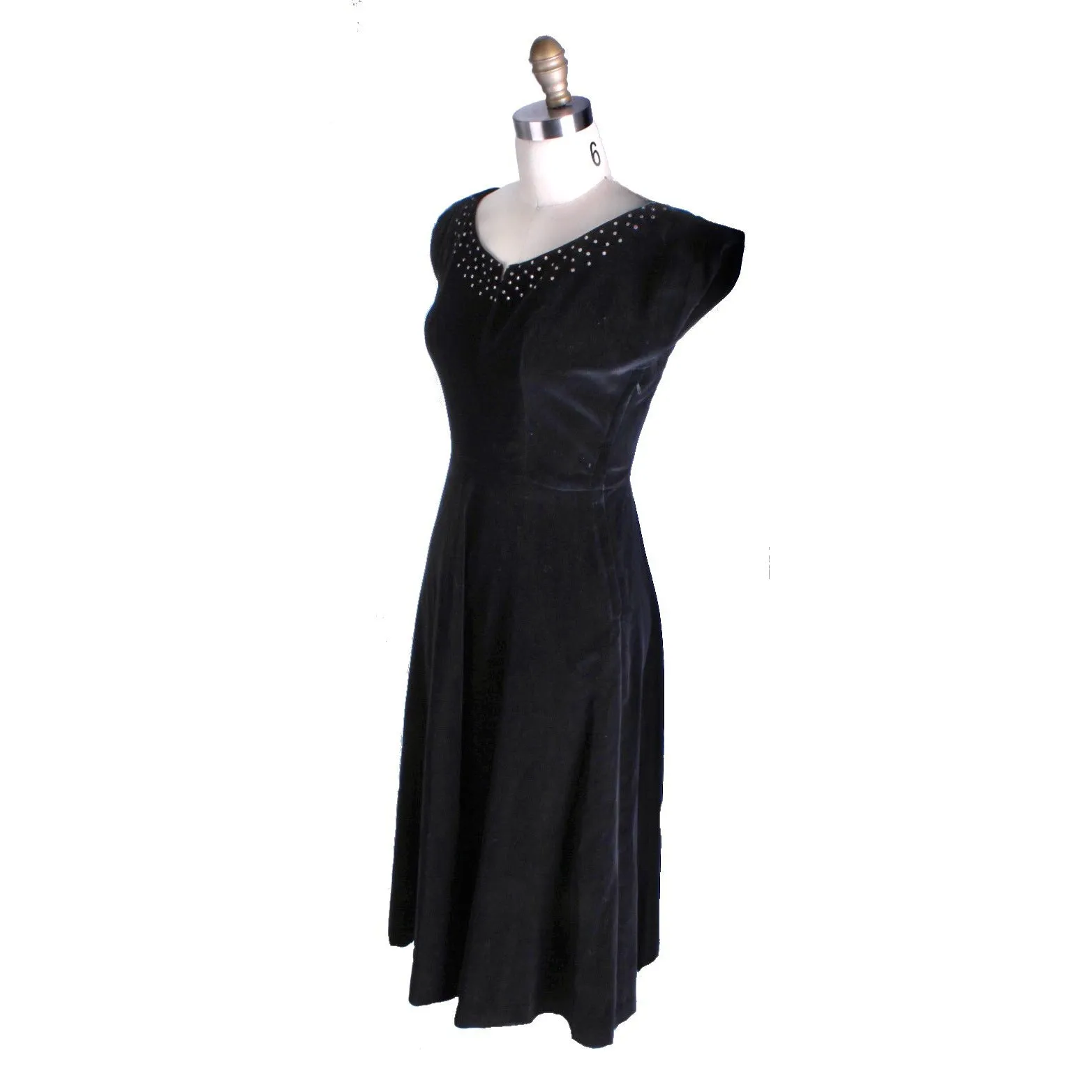 Full Skirted Vintage Black Velvet Party Dress 1950S 36-28-Free Rhinestone Accents
