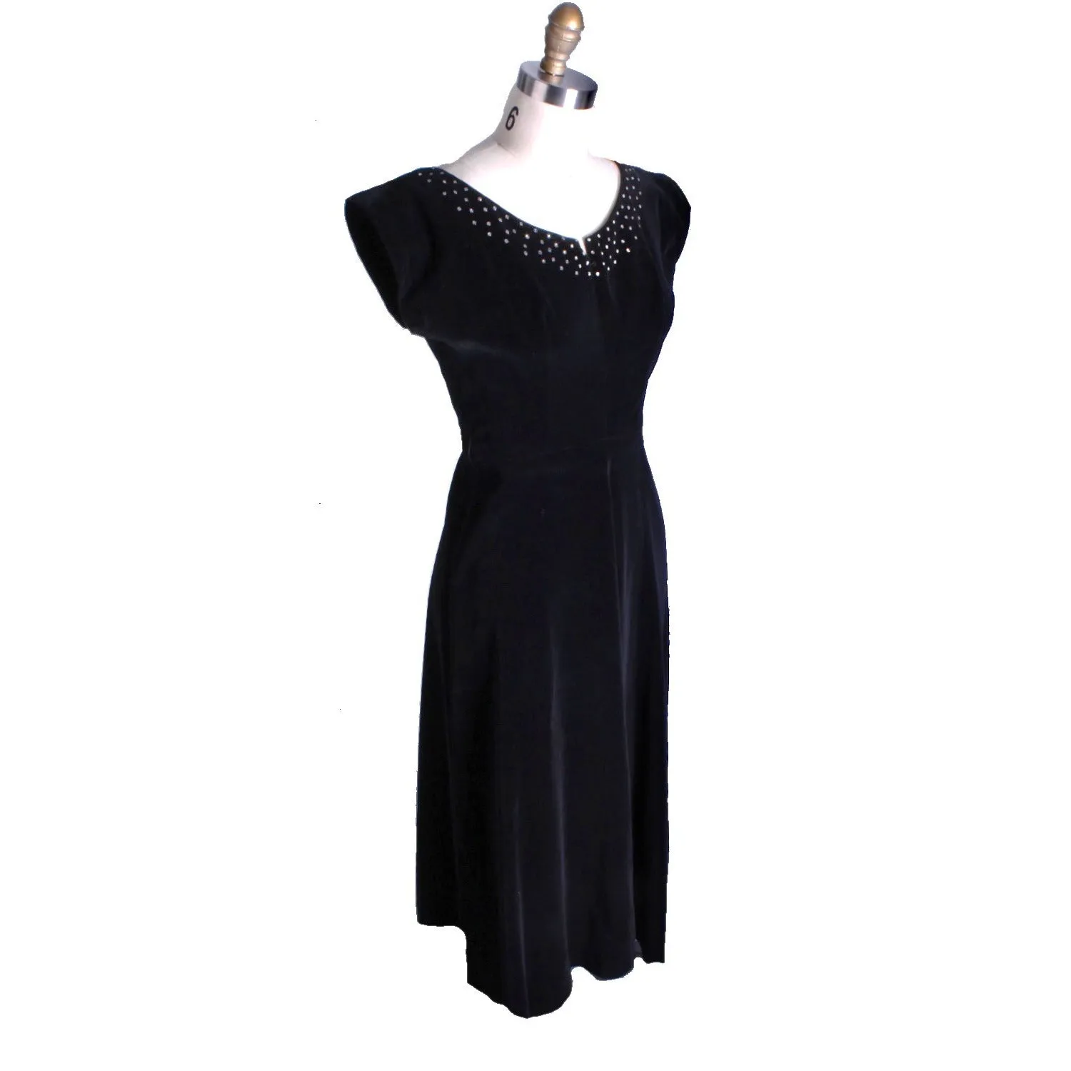 Full Skirted Vintage Black Velvet Party Dress 1950S 36-28-Free Rhinestone Accents