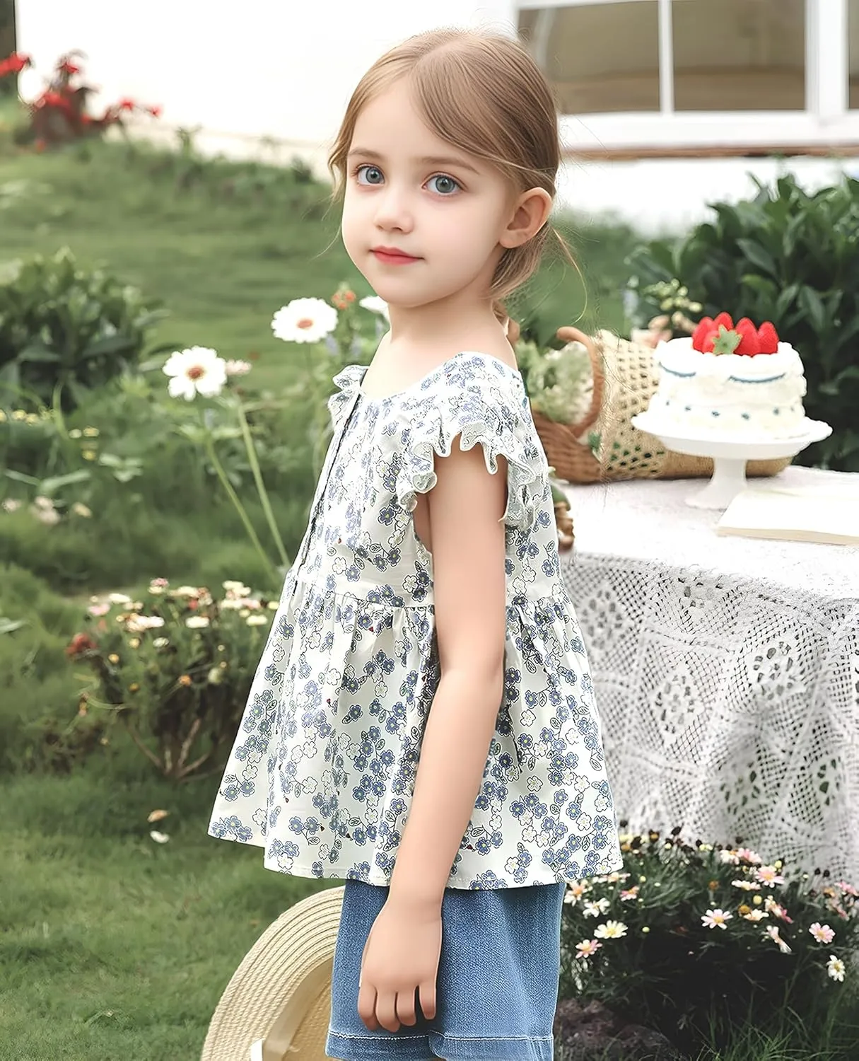 Girls Summer Short Sleeve Tops Cute Ruffle Square Neck Peplum Shirts Casual Cotton Smocked Blouse 2-12 Years