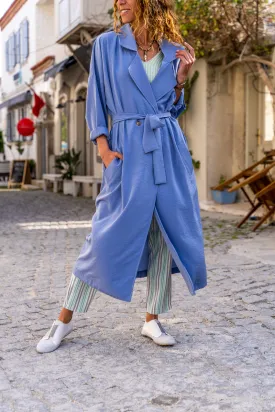 GNS Woman Blue Jacket Collar Buttoned Pocketed Belted Loose Thin Trench Coat Bst3335 - Dothan