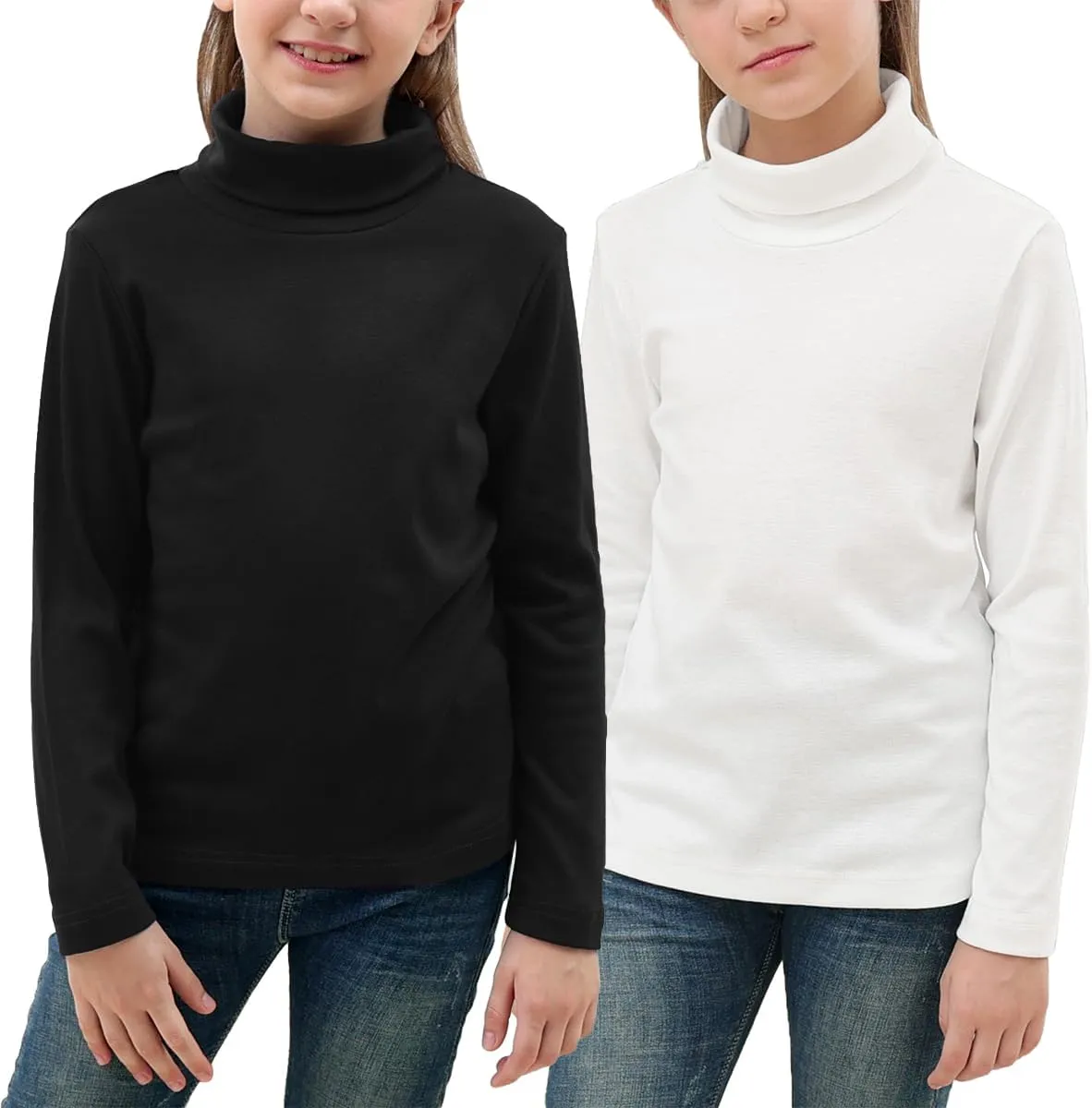 GORLYA 2 Pack Girls Turtleneck Long Sleeve Basic T-Shirt Mock Neck Soft Knit Slim Fitted Tee Tops Multipacks for 8-16Y
