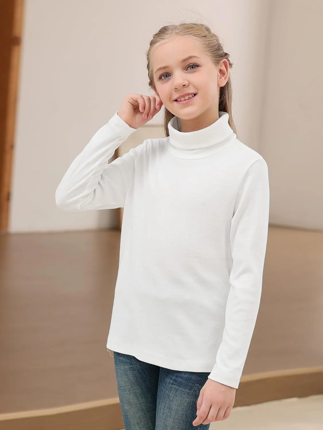 GORLYA 2 Pack Girls Turtleneck Long Sleeve Basic T-Shirt Mock Neck Soft Knit Slim Fitted Tee Tops Multipacks for 8-16Y