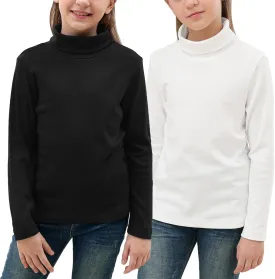 GORLYA 2 Pack Girls Turtleneck Long Sleeve Basic T-Shirt Mock Neck Soft Knit Slim Fitted Tee Tops Multipacks for 8-16Y