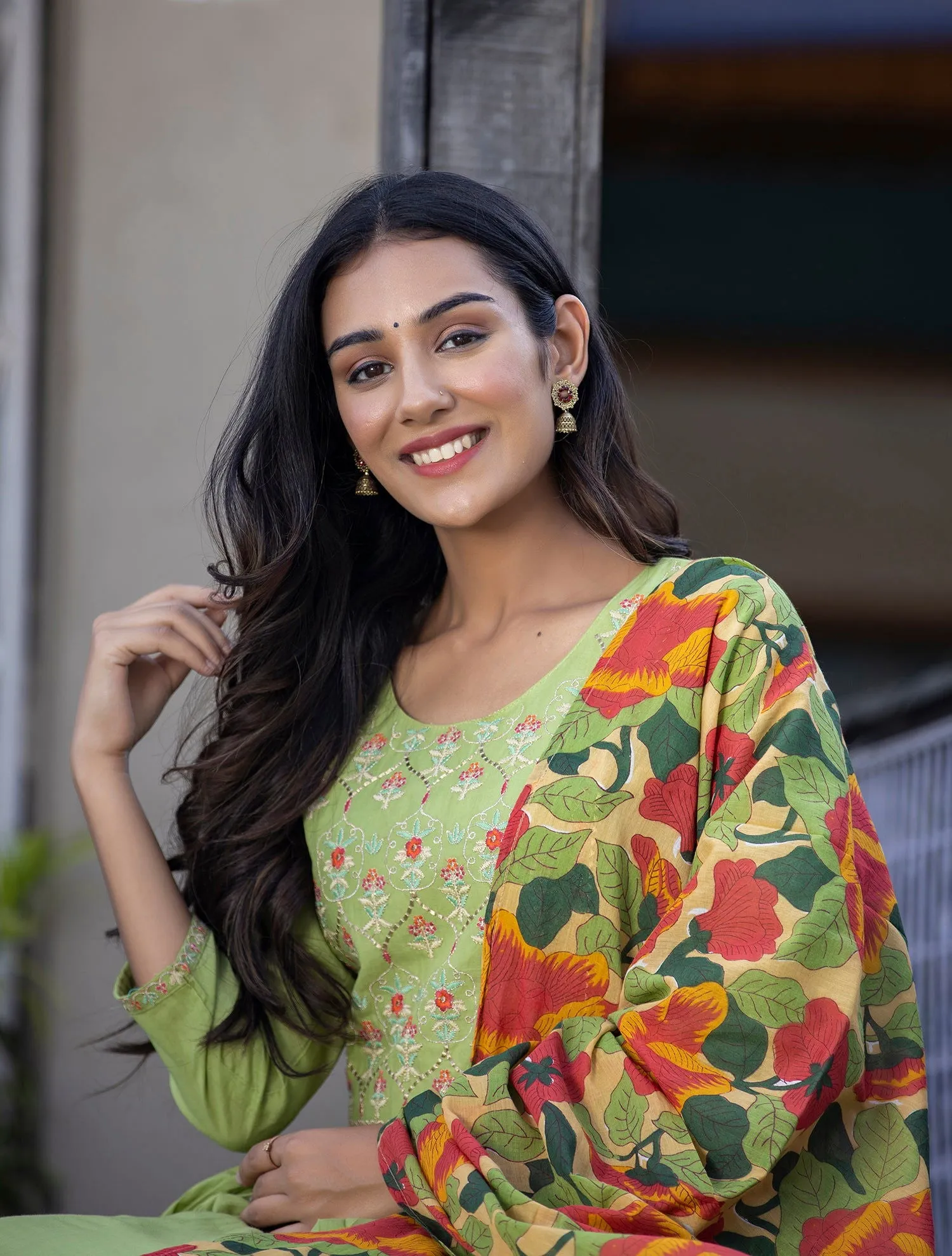 Green Floral Printed Embroidery Cotton Suit Set (pack of 3)