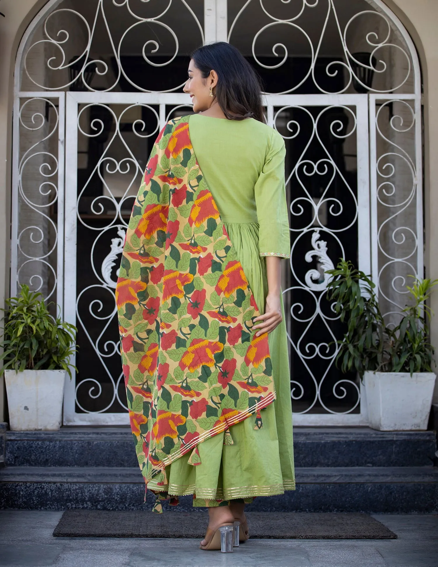 Green Floral Printed Embroidery Cotton Suit Set (pack of 3)
