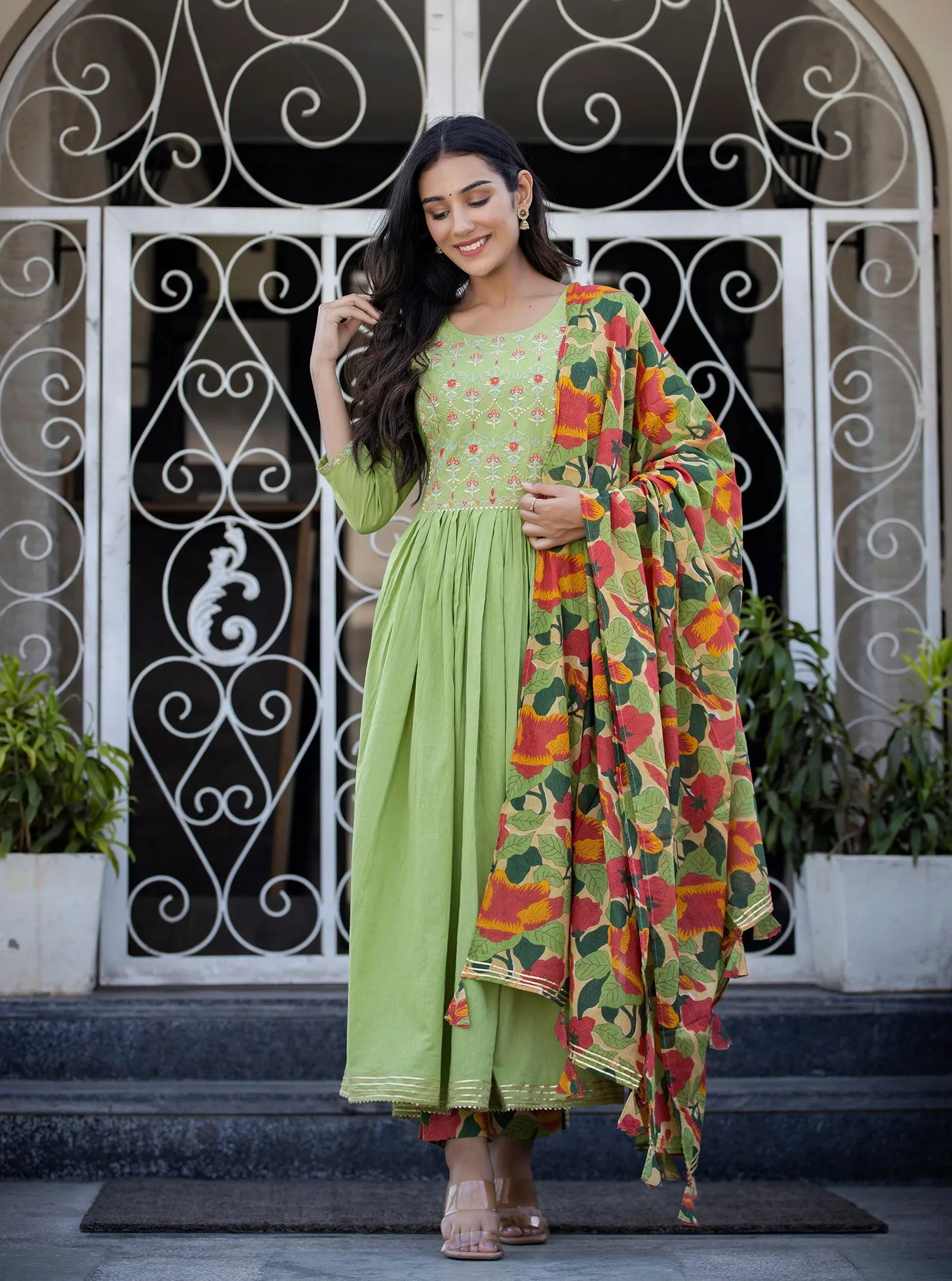 Green Floral Printed Embroidery Cotton Suit Set (pack of 3)