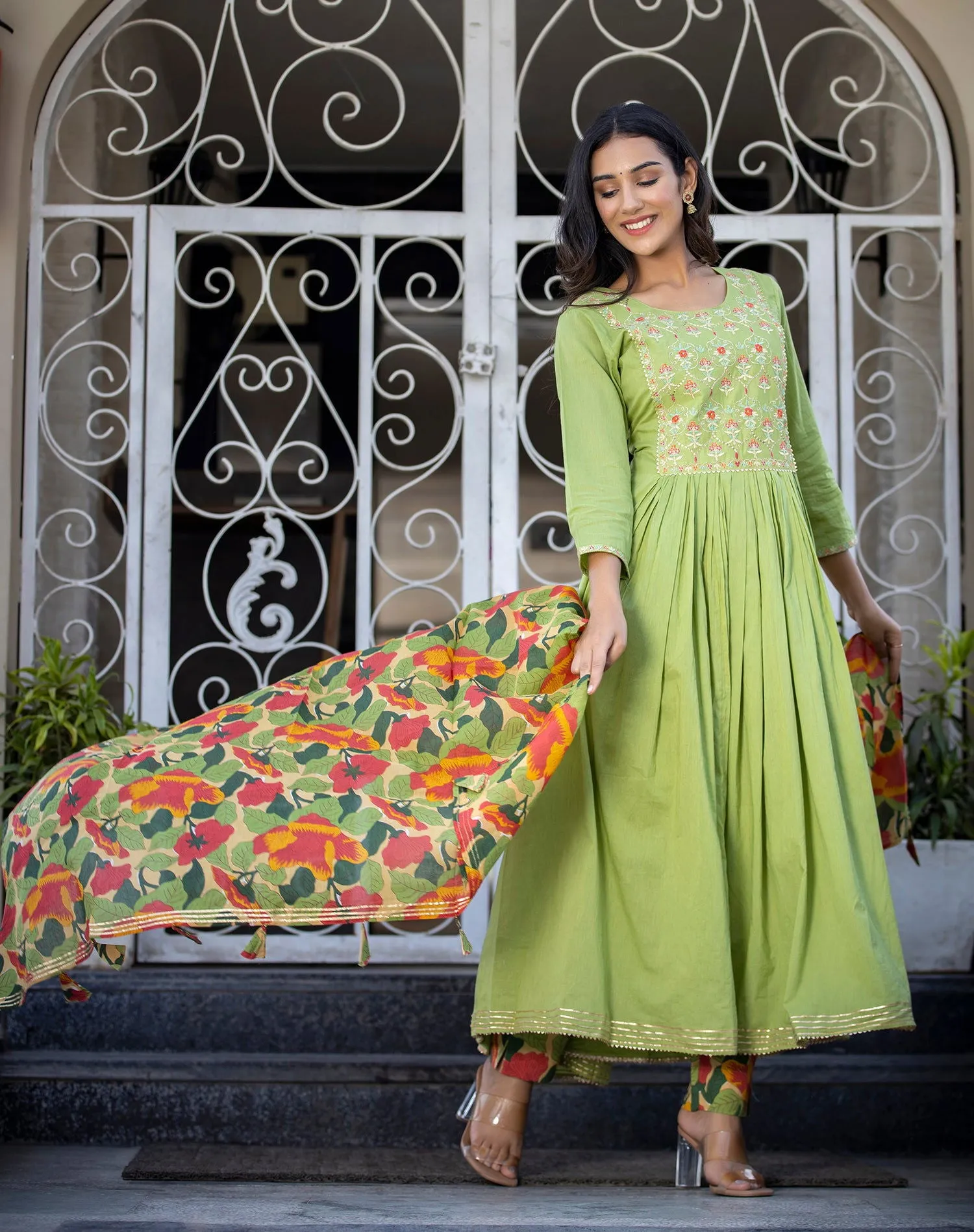 Green Floral Printed Embroidery Cotton Suit Set (pack of 3)