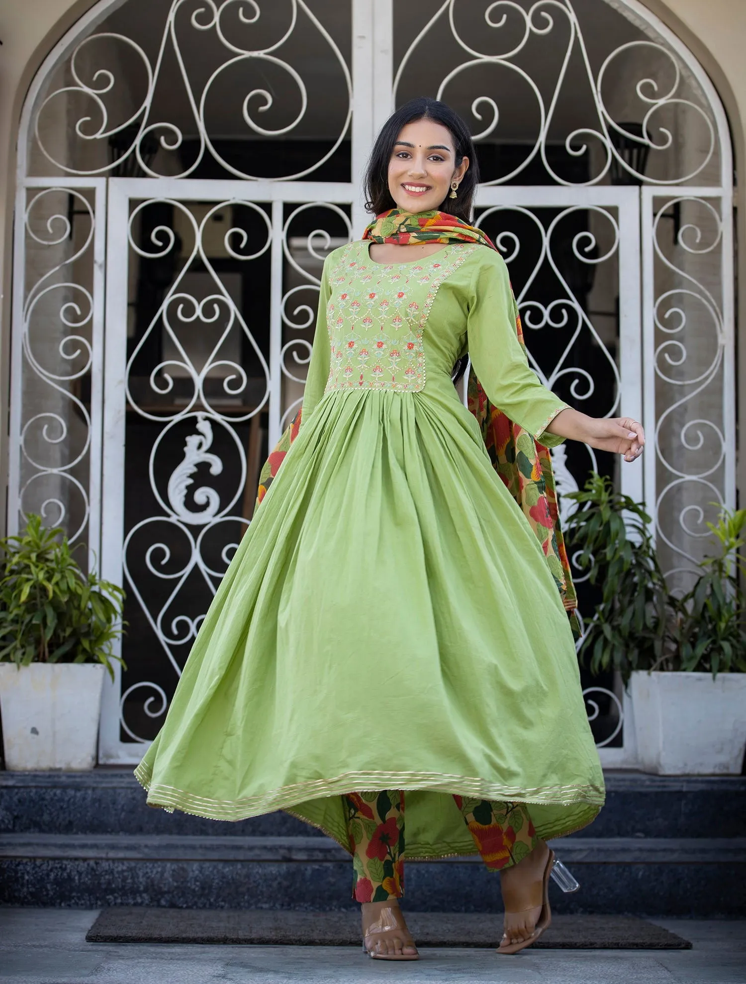 Green Floral Printed Embroidery Cotton Suit Set (pack of 3)
