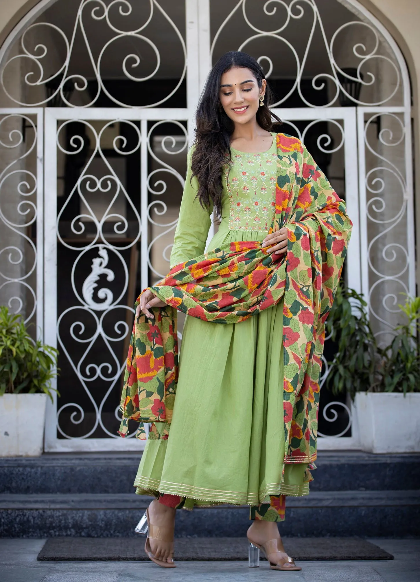 Green Floral Printed Embroidery Cotton Suit Set (pack of 3)