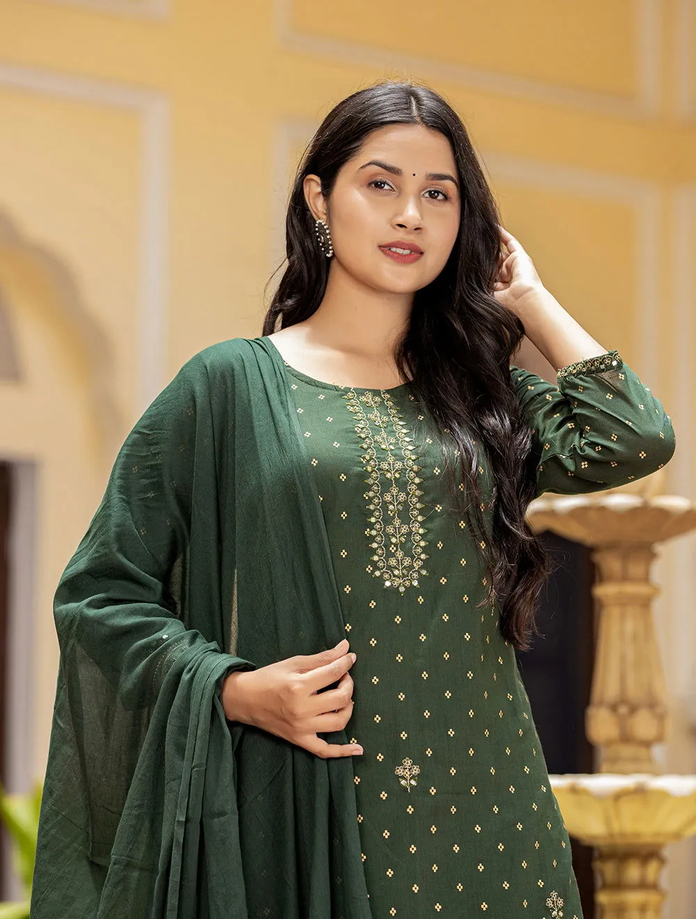 Green Gold Printe Cotton Kurta Sharara Set With Dupatta (Set Of 3)