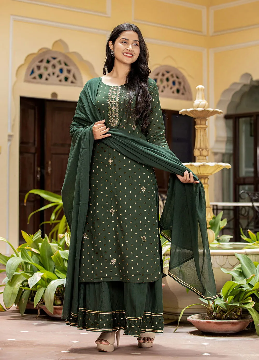 Green Gold Printe Cotton Kurta Sharara Set With Dupatta (Set Of 3)