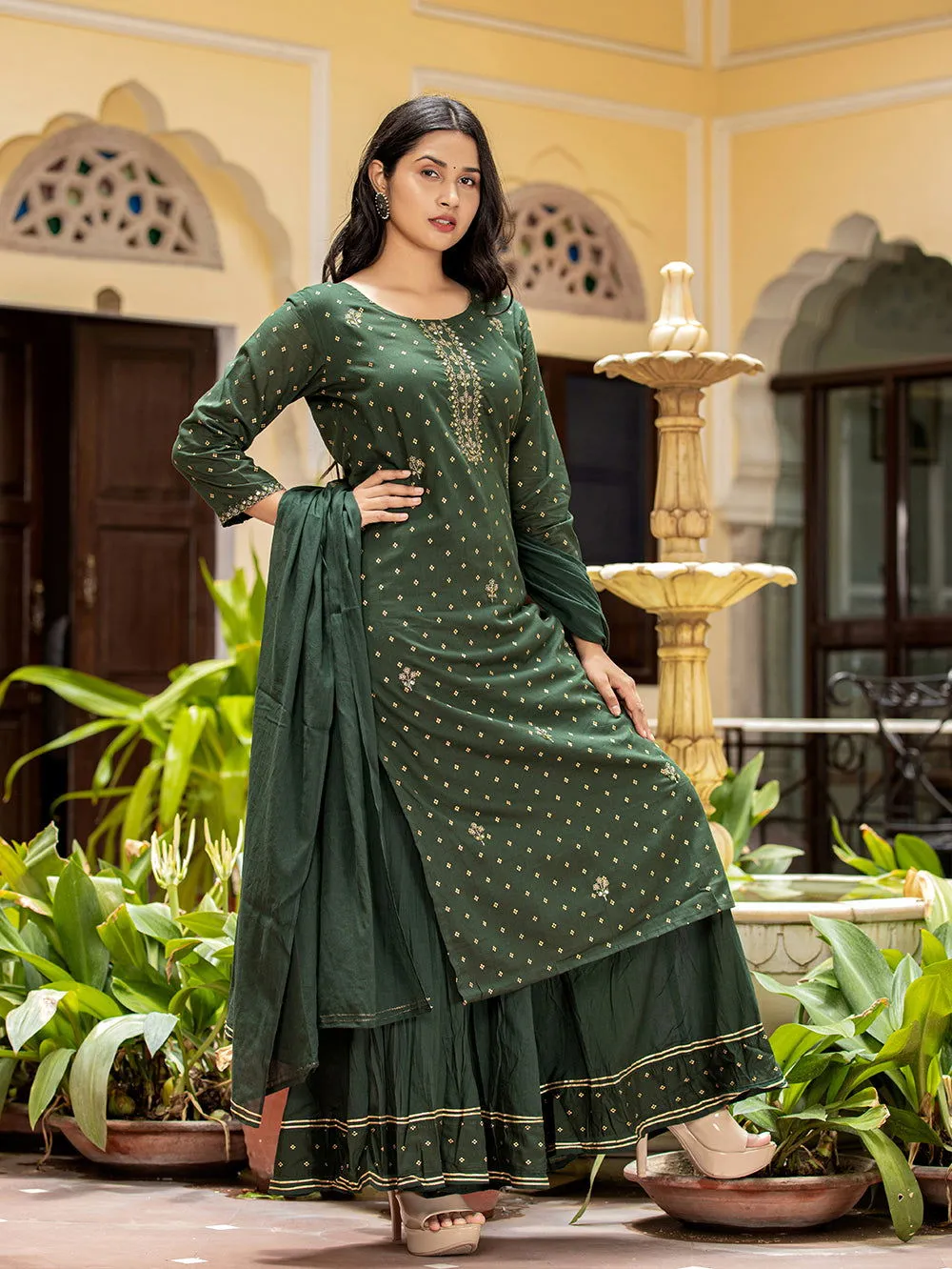 Green Gold Printe Cotton Kurta Sharara Set With Dupatta (Set Of 3)
