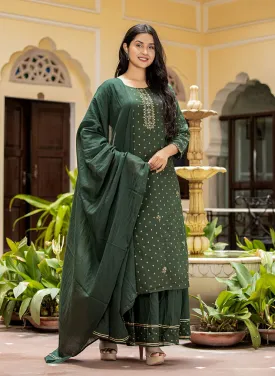 Green Gold Printe Cotton Kurta Sharara Set With Dupatta (Set Of 3)