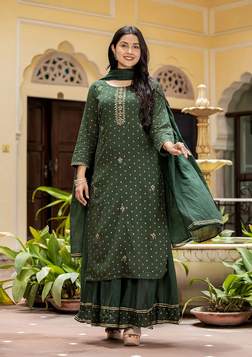 Green Gold Printe Cotton Kurta Sharara Set With Dupatta (Set Of 3)
