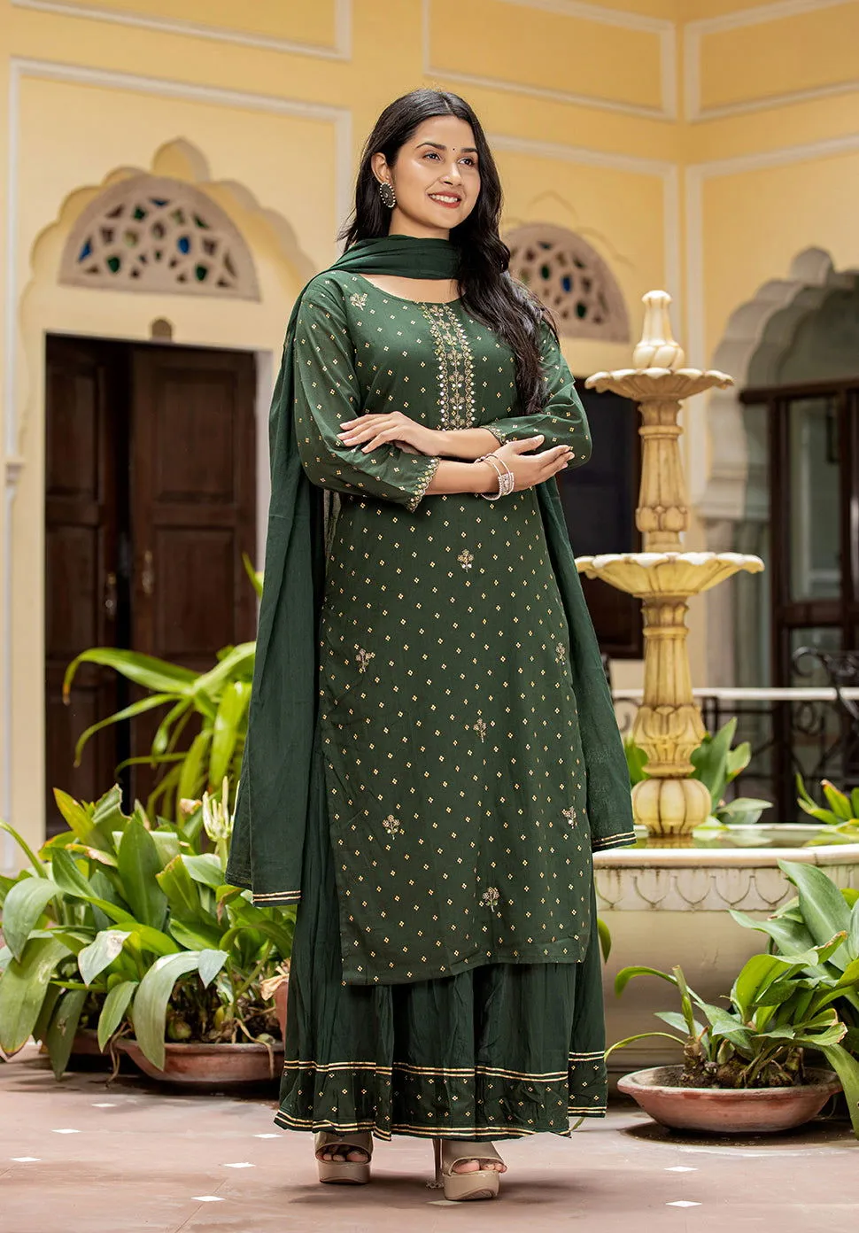 Green Gold Printe Cotton Kurta Sharara Set With Dupatta (Set Of 3)