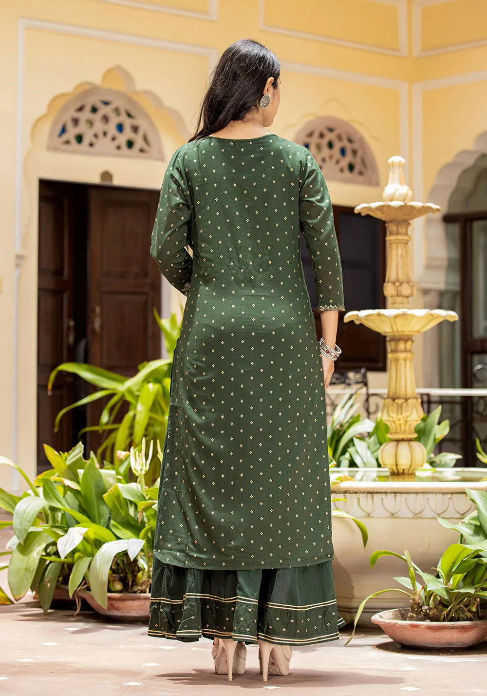 Green Gold Printe Cotton Kurta Sharara Set With Dupatta (Set Of 3)