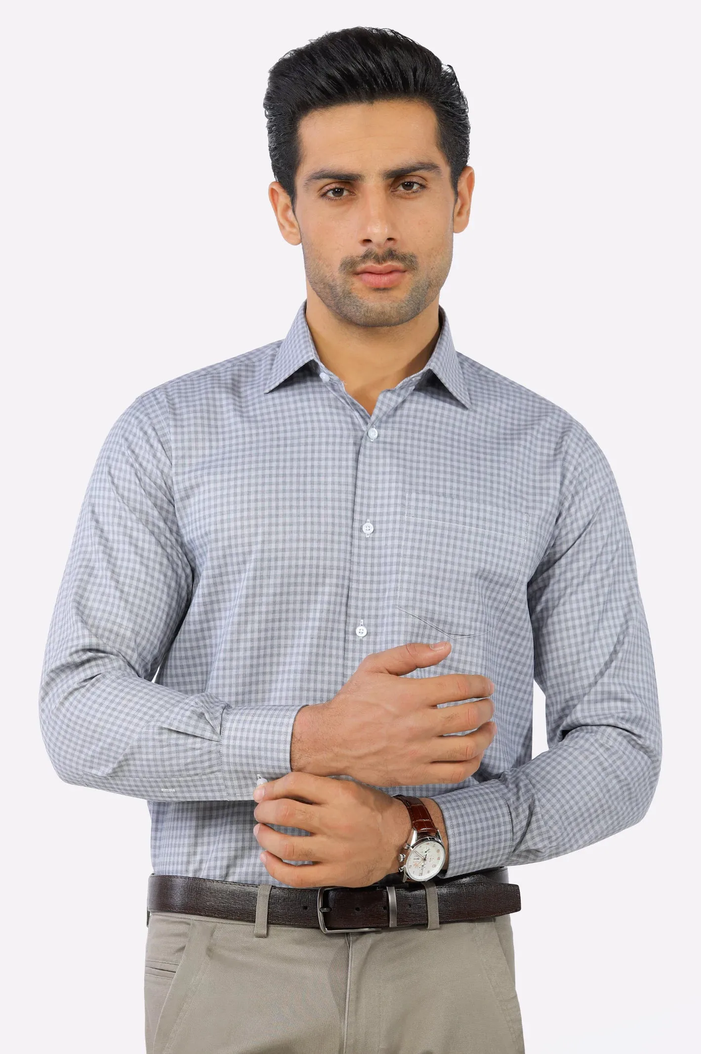 Grey Gingham Check Formal Shirt