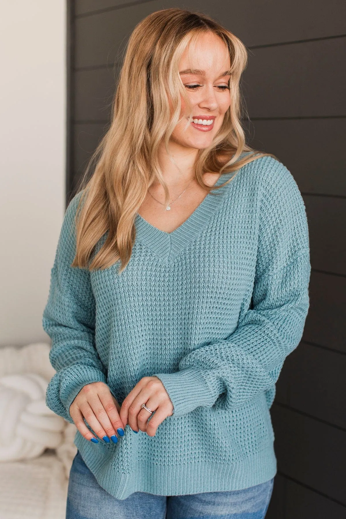 Inspiring Love V-Neck Sweater- Dusty Teal