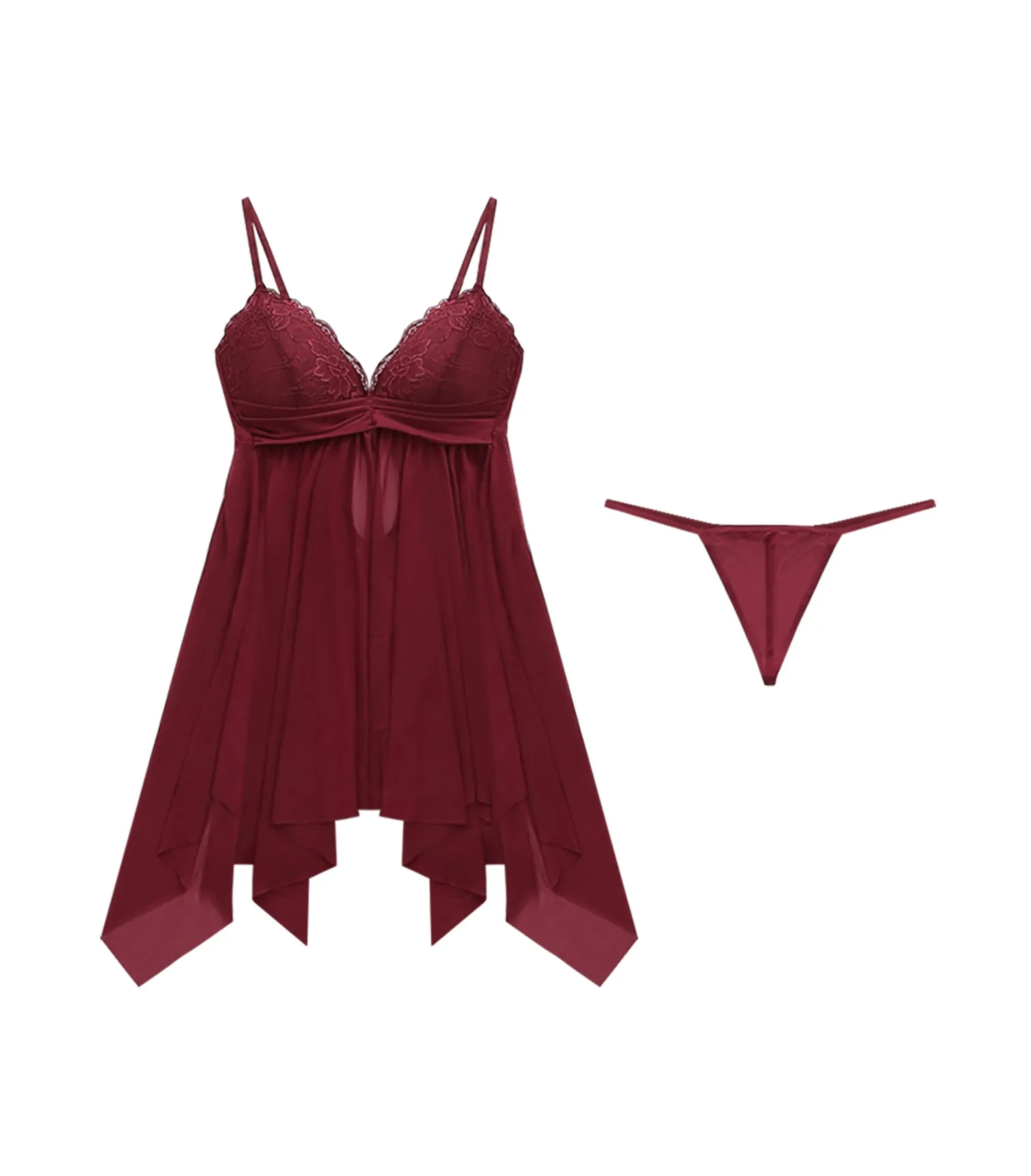 Irregular Hem Transparent Lace Wireless Pajamas Set Claret