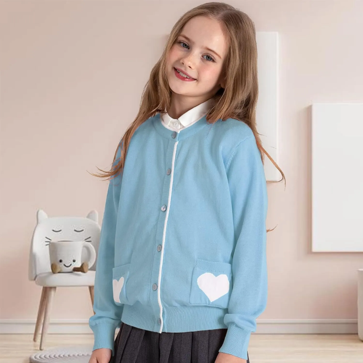 Kid Nation Girls' Cute Cardigan with Heart Pockets