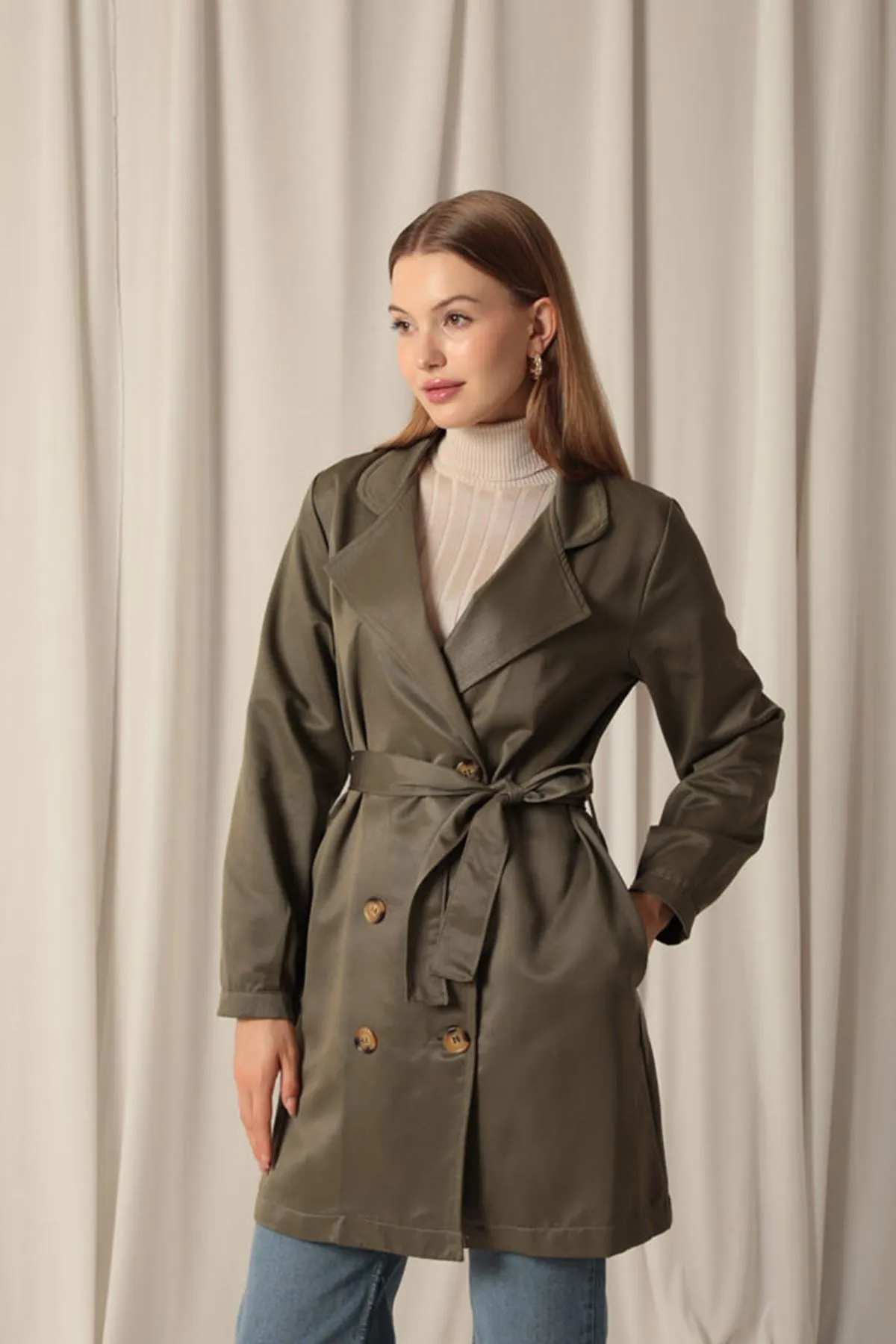 KKT Torino Fabric Liquid Proof Under Hip Length Women's Khaki Trench Coat - Frontera