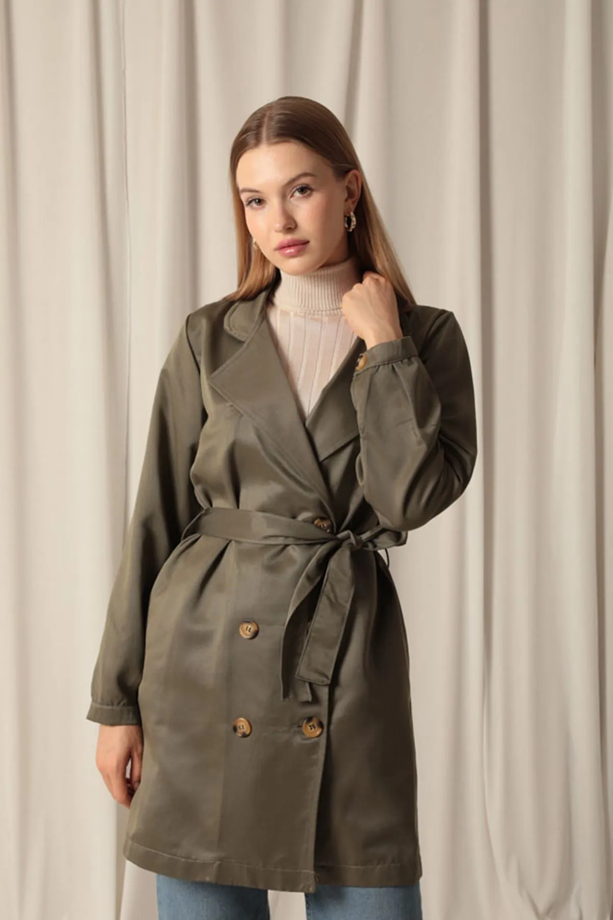 KKT Torino Fabric Liquid Proof Under Hip Length Women's Khaki Trench Coat - Frontera
