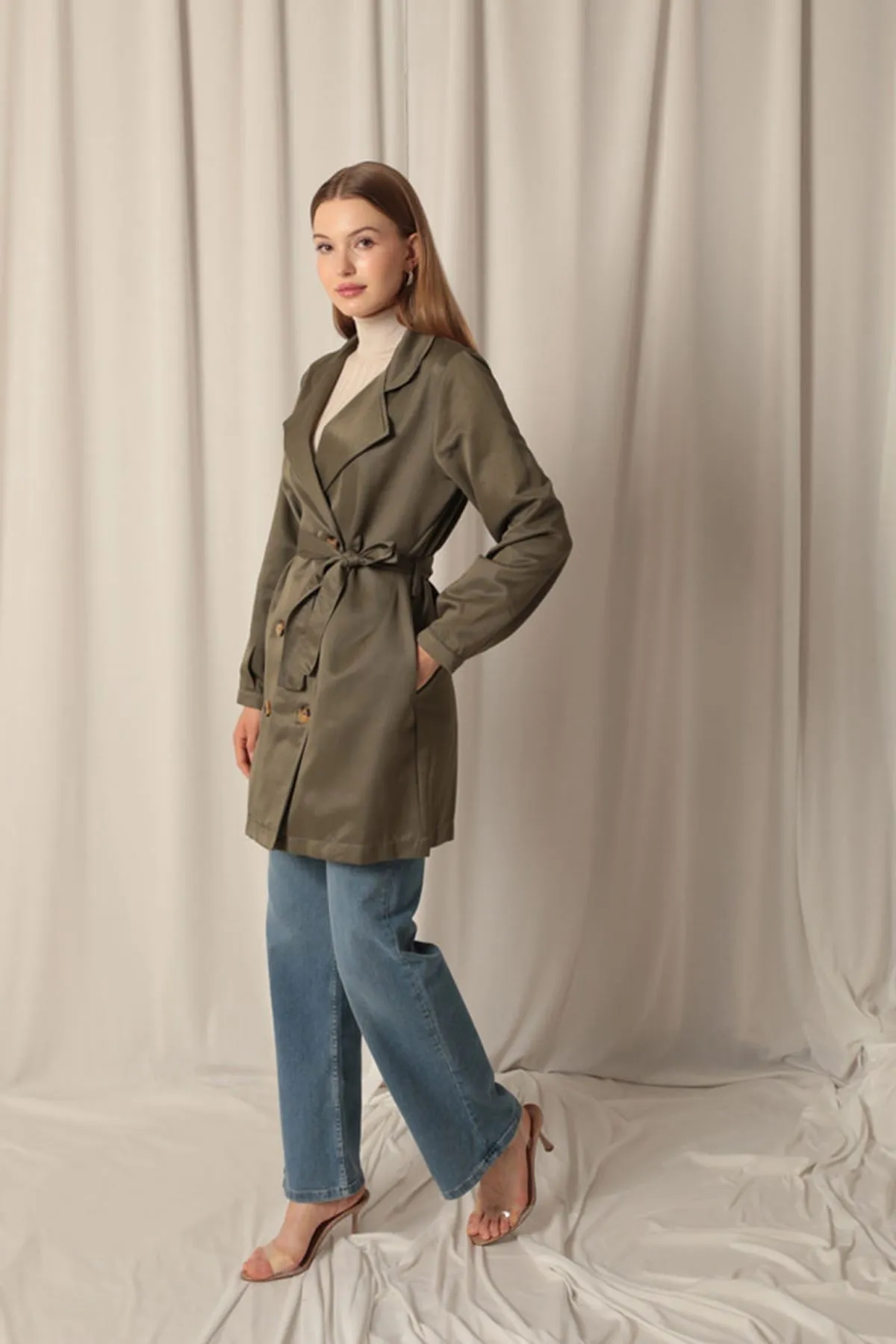 KKT Torino Fabric Liquid Proof Under Hip Length Women's Khaki Trench Coat - Frontera