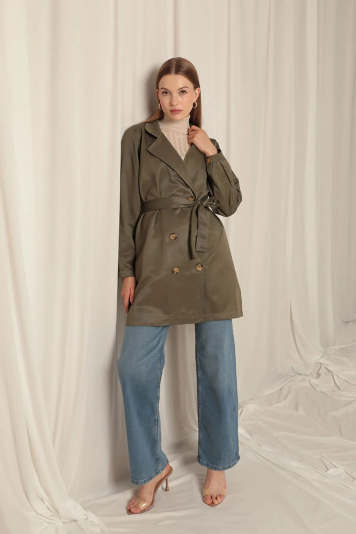 KKT Torino Fabric Liquid Proof Under Hip Length Women's Khaki Trench Coat - Frontera