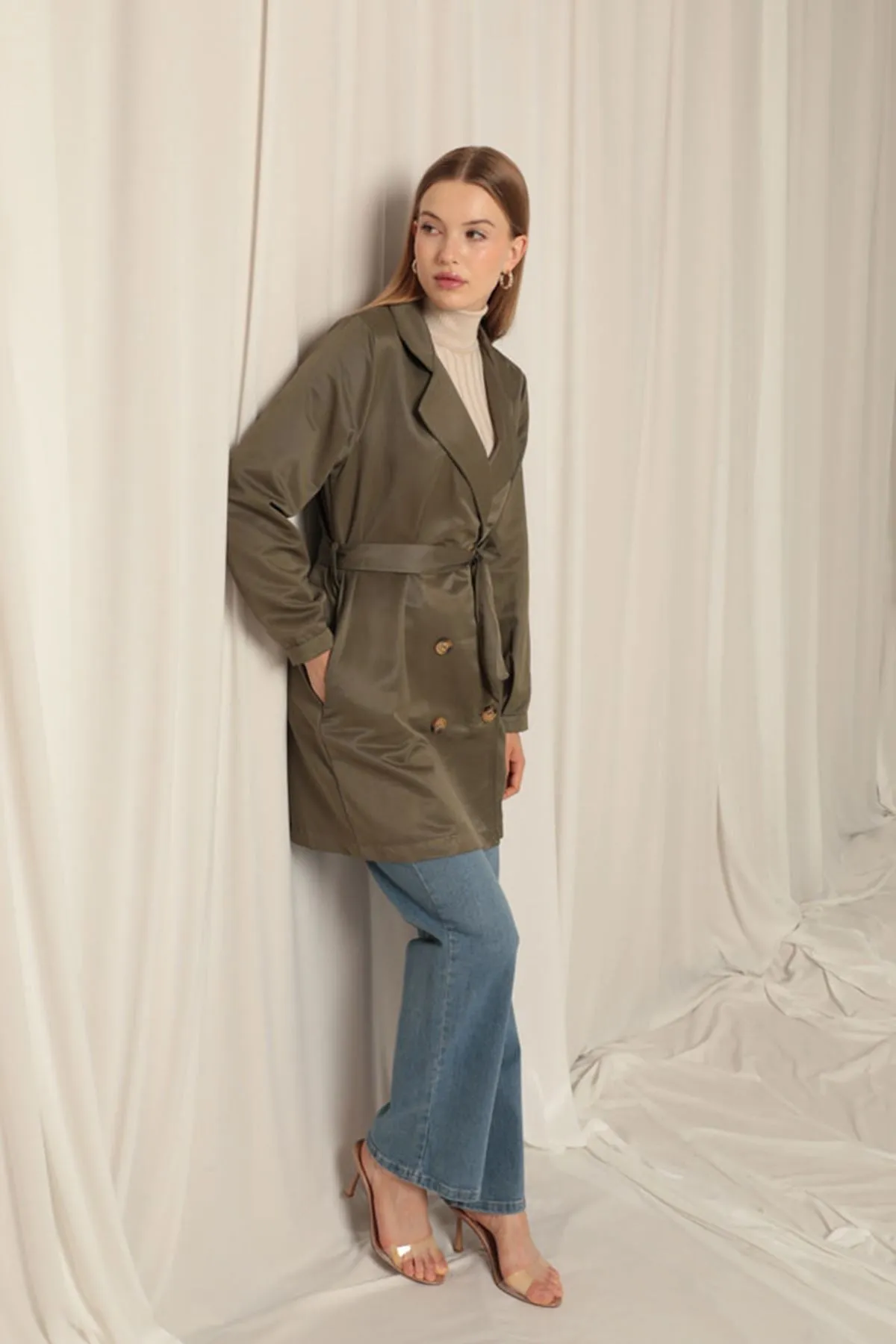 KKT Torino Fabric Liquid Proof Under Hip Length Women's Khaki Trench Coat - Frontera