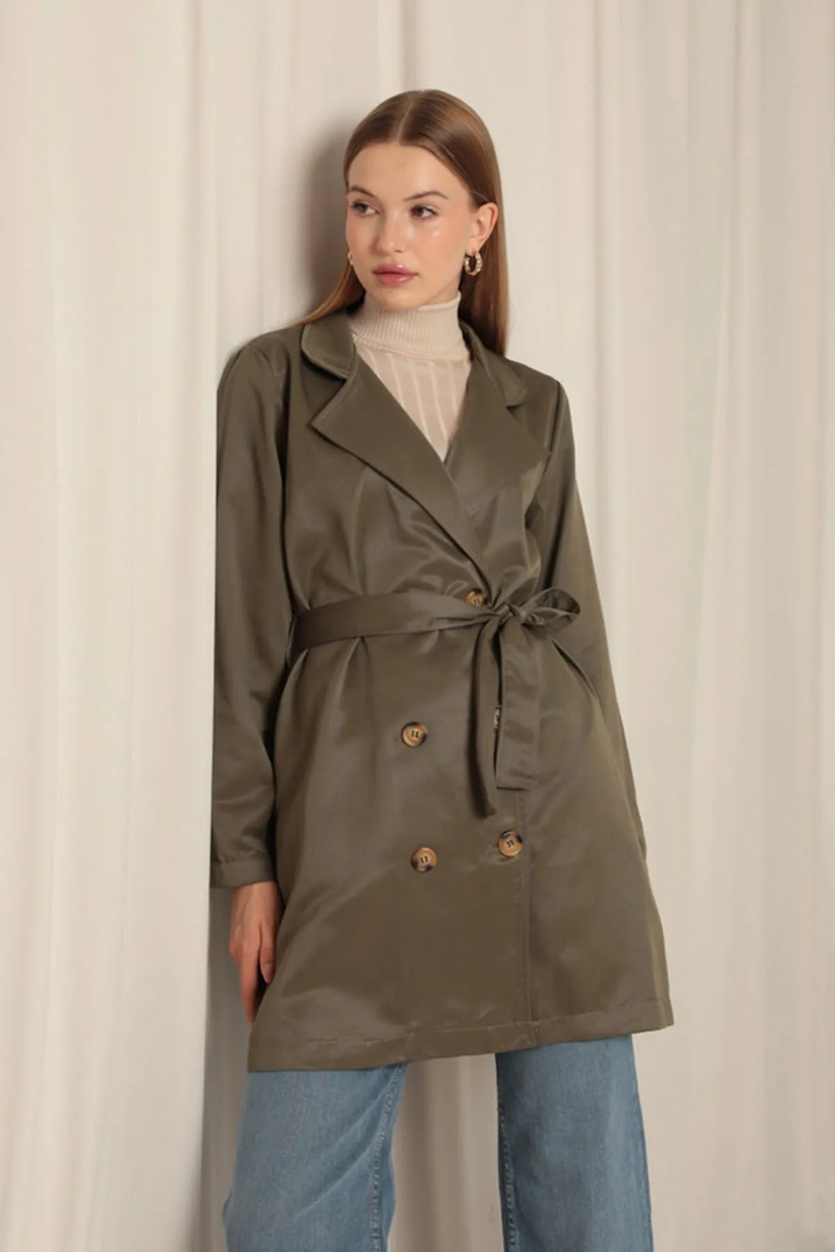 KKT Torino Fabric Liquid Proof Under Hip Length Women's Khaki Trench Coat - Frontera