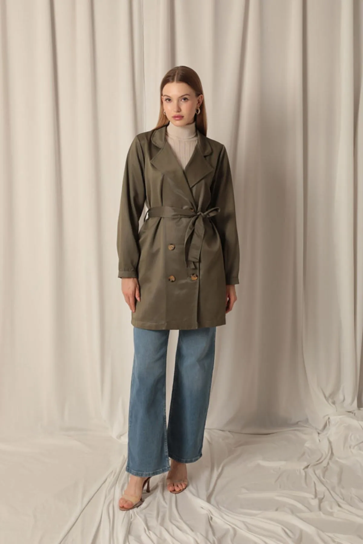 KKT Torino Fabric Liquid Proof Under Hip Length Women's Khaki Trench Coat - Frontera