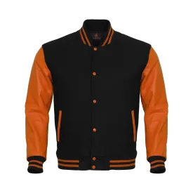 Letterman Jacket Black Body and Orange Leather Sleeves Varsity Jacket